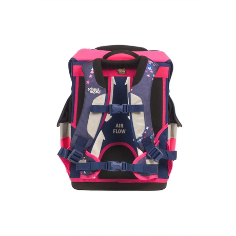 Das School-Mood Timeless Schulranzen-Set 7-teilig "Leni" in pink und navy verfügt über gepolsterte Träger, reflektierende Akzente und Sternenmuster, hier von hinten.