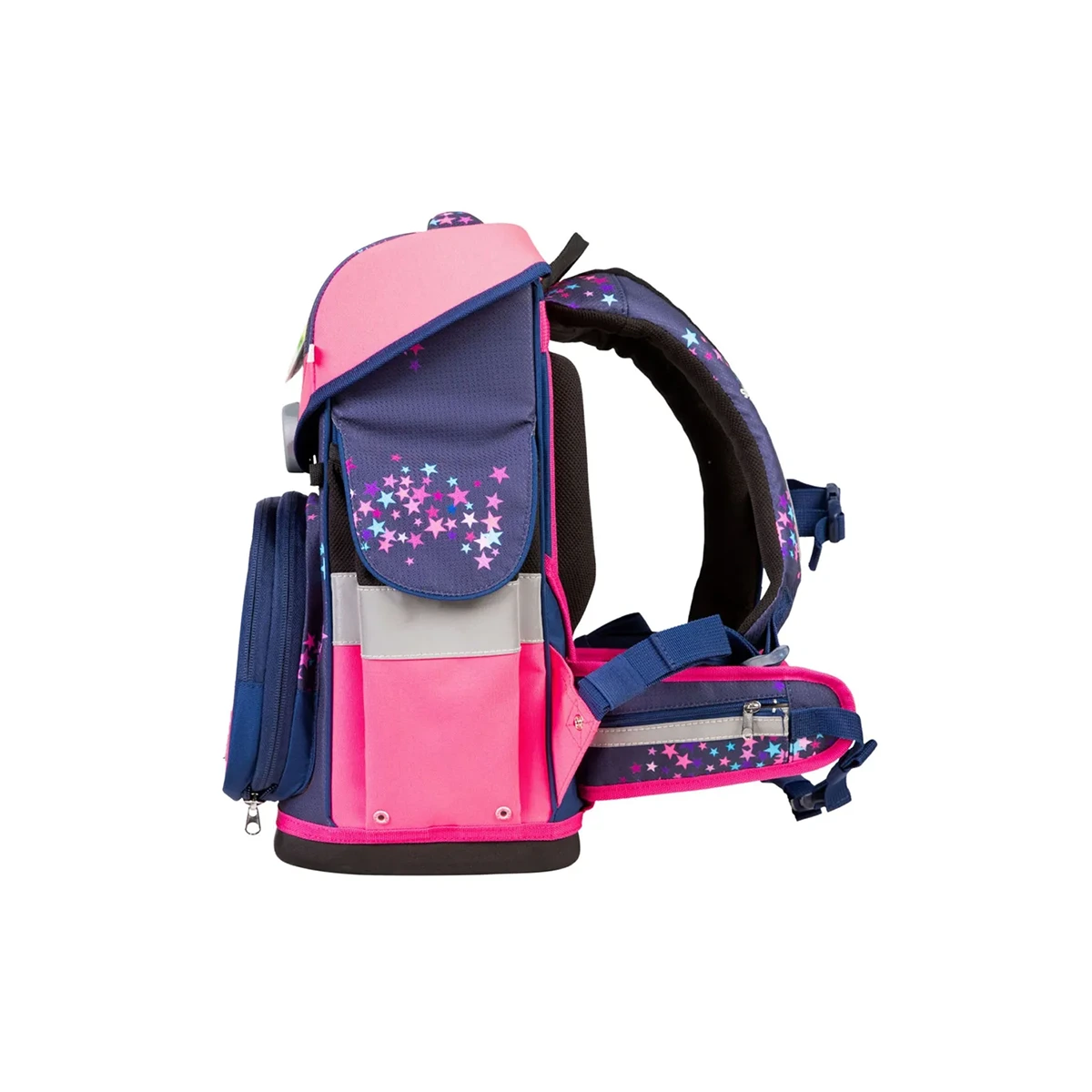 Seitenansicht des School-Mood Timeless Schulranzen-Set 7-teilig - "Leni" von School-Mood in pink und navy mit Sternenmuster und gepolsterten ergonomischen Schultergurten.