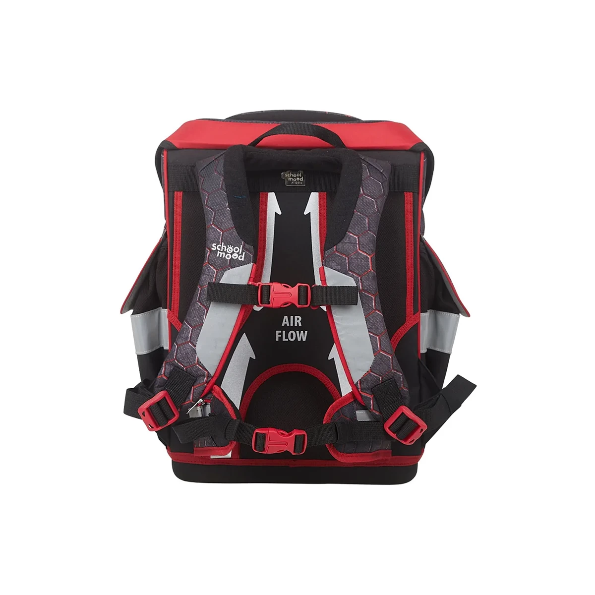 Das 7-teilige School-Mood Timeless Schulranzen-Set "Mika" von School-Mood in Rot und Schwarz bietet gepolsterte Schultergurte, Schnallen und den AIR FLOW Schriftzug auf dem Rückenpanel für ergonomischen Tragekomfort.