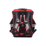 Das 7-teilige School-Mood Timeless Schulranzen-Set "Mika" von School-Mood in Rot und Schwarz bietet gepolsterte Schultergurte, Schnallen und den AIR FLOW Schriftzug auf dem Rückenpanel für ergonomischen Tragekomfort.