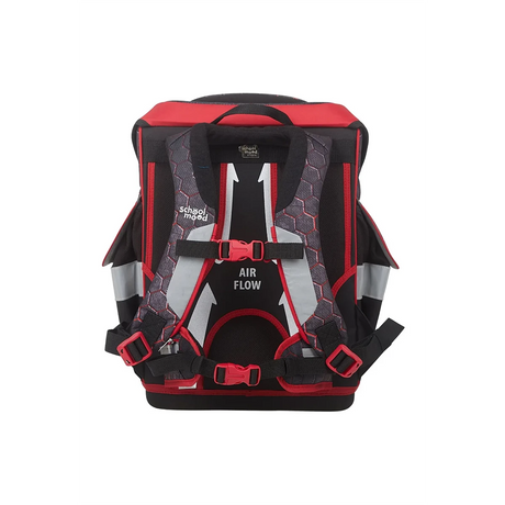 Das 7-teilige School-Mood Timeless Schulranzen-Set "Mika" von School-Mood in Rot und Schwarz bietet gepolsterte Schultergurte, Schnallen und den AIR FLOW Schriftzug auf dem Rückenpanel für ergonomischen Tragekomfort.