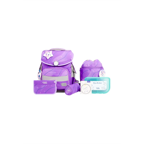 Das School-Mood Timeless Schulranzen-Set 7-teilig "Marie" ist mit einem lila Einhornmotiv versehen und enthält eine passende Brotdose, ein Etui, einen Kordelzugbeutel und Accessoires - alles auf weißem Hintergrund.