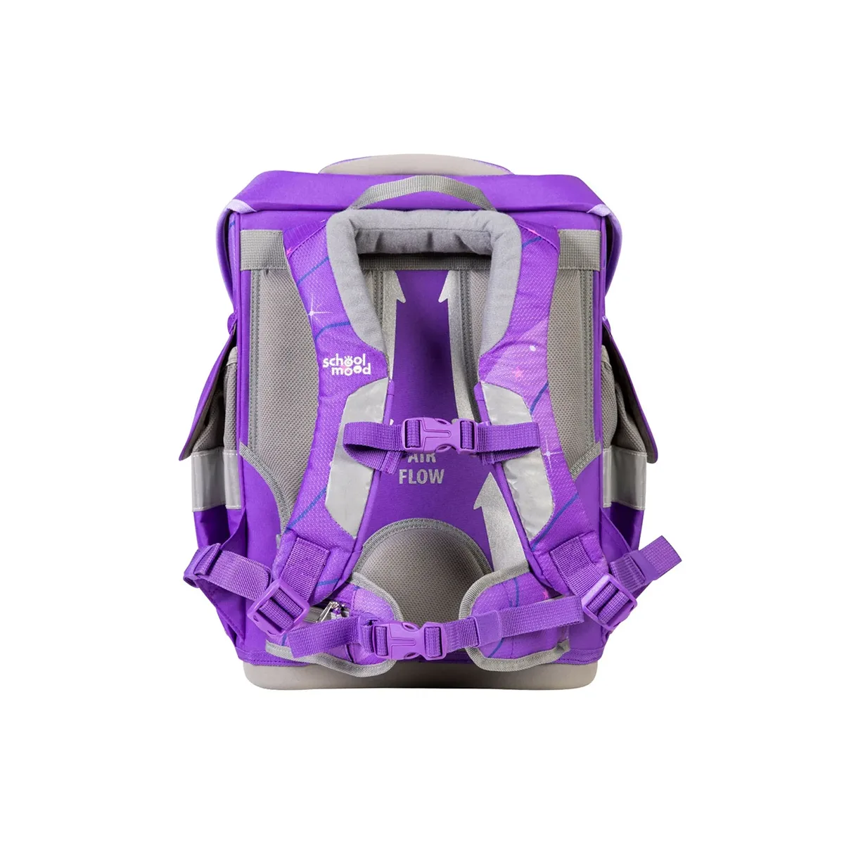 Das School-Mood Timeless Schulranzen-Set 7-teilig "Marie" in Lila und Grau zeichnet sich durch gepolsterte Gurte, ergonomisches Design und einen Air-Flow-Aufdruck auf dem Rücken für ganztägigen Tragekomfort aus.