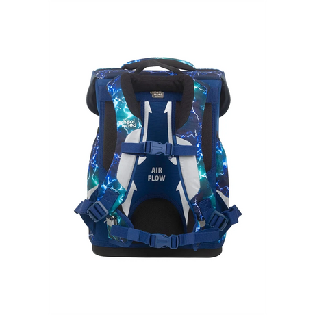 Das blau-schwarze School-Mood Champion Schulranzen-Set 7-teilig "Felix" ist mit gepolsterten Trägern, einer Schnalle und einem coolen Blitzmuster ausgestattet - eine ergonomische, stylische Wahl für den Schulalltag.