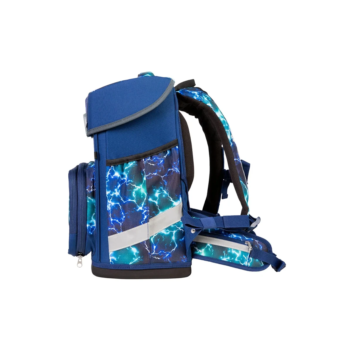 Das School-Mood Champion Schulranzen-Set 7-teilig "Felix" zeichnet sich durch ein elektro-blaues Blitzmuster und einen reflektierenden Streifen aus, der von der Seite gezeigt wird. Dieser ergonomische Rucksack garantiert Komfort und Stil für jeden Schultag.