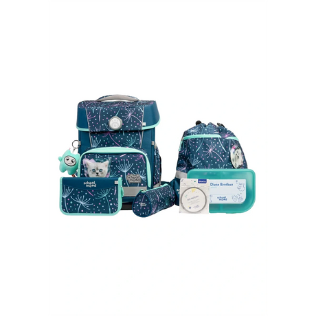 Das School-Mood Champion Schulranzen-Set 7-teilig "Lina" besteht aus einem blau-grünen Rucksack, einer Lunchbox, einem Beutel, einer Kordeltasche und mehr mit einem charmanten Katzen Hunde Motiv.