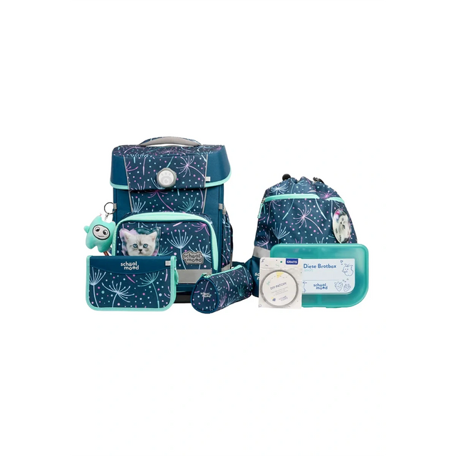 Das School-Mood Champion Schulranzen-Set 7-teilig "Lina" besteht aus einem blau-grünen Rucksack, einer Lunchbox, einem Beutel, einer Kordeltasche und mehr mit einem charmanten Katzen Hunde Motiv.
