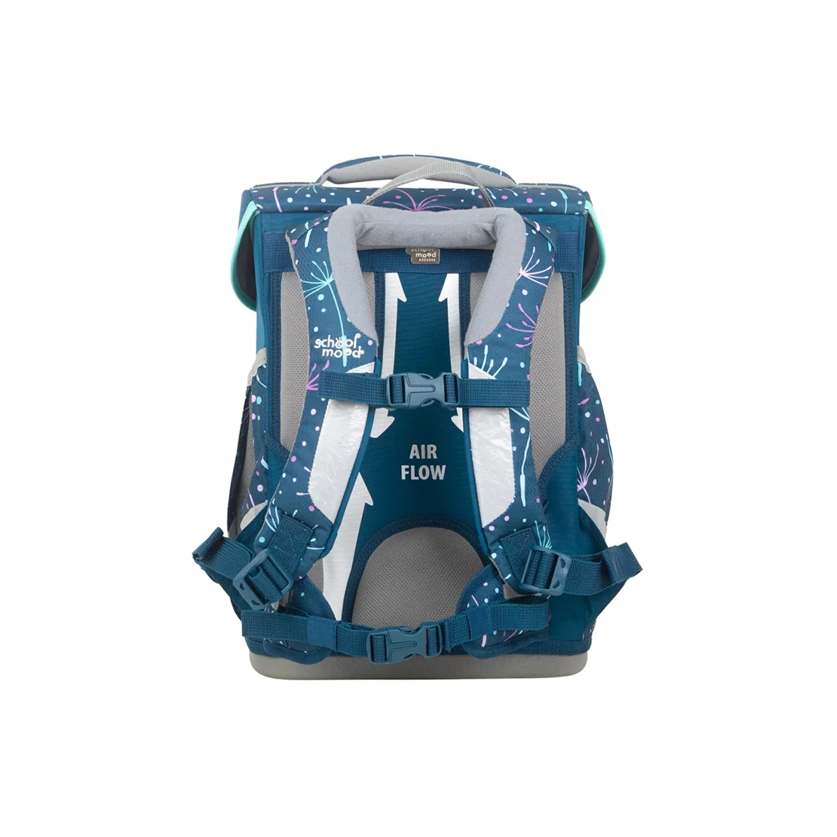 Blaues und graues School-Mood Champion Schulranzen-Set "Lina" mit gepolsterten AIR FLOW Schulterträgern und einem bunten abstrakten Muster.