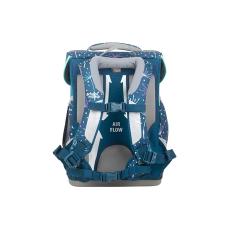 Blaues und graues School-Mood Champion Schulranzen-Set "Lina" mit gepolsterten AIR FLOW Schulterträgern und einem bunten abstrakten Muster.