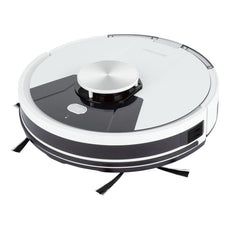 Der SILVERCREST Saugroboter mit App und Lasernavigation, ein runder weiß-schwarzer Saugroboter mit Seitenbürsten, ist auf weißem Hintergrund abgebildet.