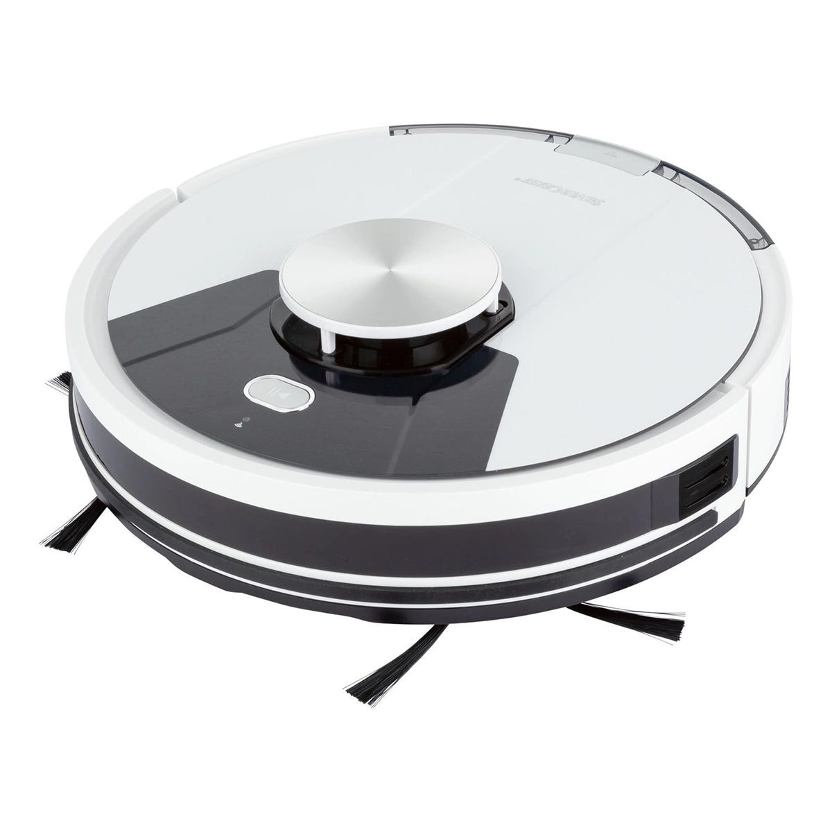 Der SILVERCREST Saugroboter mit App und Lasernavigation, ein runder weiß-schwarzer Saugroboter mit Seitenbürsten, ist auf weißem Hintergrund abgebildet.