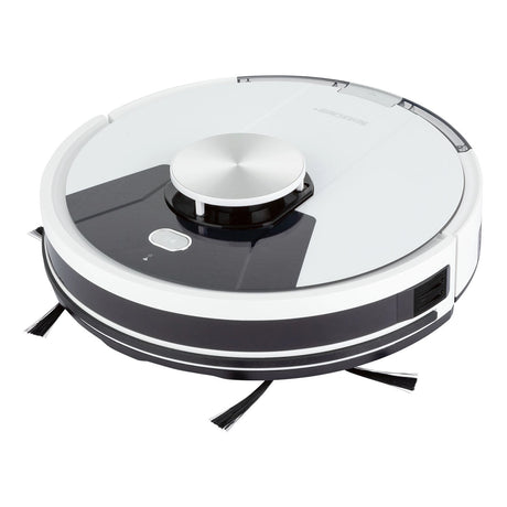 Der SILVERCREST Saugroboter mit App und Lasernavigation, ein runder weiß-schwarzer Saugroboter mit Seitenbürsten, ist auf weißem Hintergrund abgebildet.