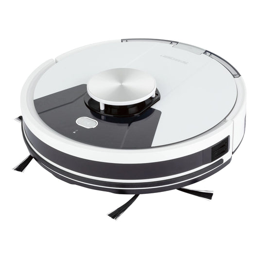 Der SILVERCREST Saugroboter mit App und Lasernavigation, ein runder weiß-schwarzer Saugroboter mit Seitenbürsten, ist auf weißem Hintergrund abgebildet.