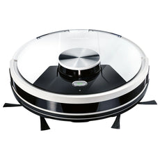 Der SILVERCREST Saugroboter mit App und Lasernavigation ist ein runder, schwarz-weißer Staubsauger mit Seitenbürsten, oben angebrachtem Sensor, App-Steuerung und fortschrittlicher Lasernavigation für eine einfache Reinigung.