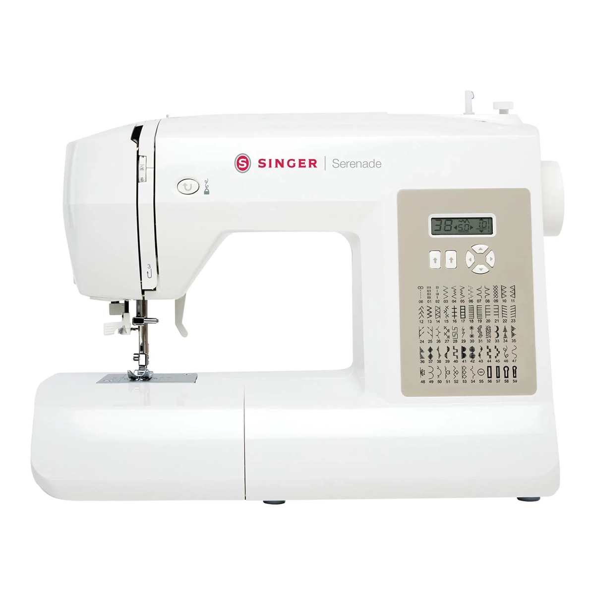 Die SINGER Nähmaschine "660L Serenade" ist eine weiße Nähmaschine mit einem digitalen Display und mehreren Stichoptionen auf der Vorderseite, die vor einem schlichten weißen Hintergrund gezeigt wird.