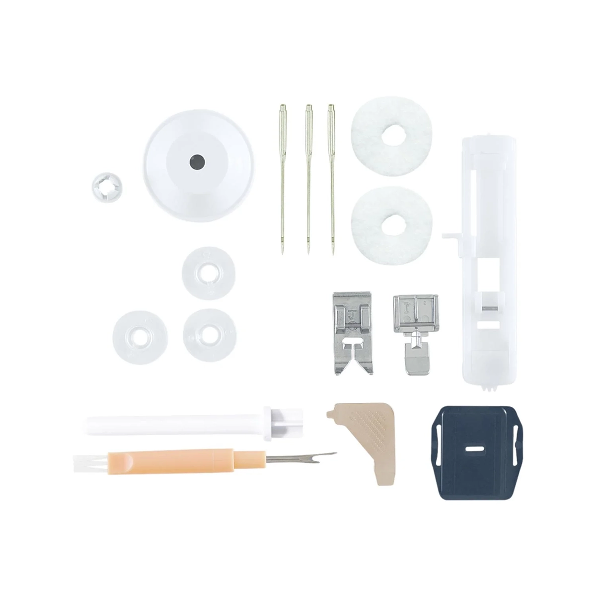 Ein Set von SINGER-Zubehör für die Nähmaschine "660L Serenade" - Nadeln, Spulen, Spulenkappen, Nähfüße, Nahttrenner, Knopflochfuß, Schraubendreher und schwarzes Etui - sind übersichtlich auf weißem Hintergrund angeordnet.