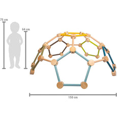 Die Kletterkuppel Adventure von small foot ist zum Größenvergleich neben einer Kindersilhouette abgebildet; Maße: 75x150x64 cm. Ideales Klettergerüst für Kinder und Bewegungsspielzeug, das zum aktiven Spielen anregt.
