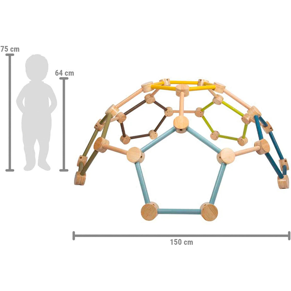 Die Kletterkuppel Adventure von small foot ist zum Größenvergleich neben einer Kindersilhouette abgebildet; Maße: 75x150x64 cm. Ideales Klettergerüst für Kinder und Bewegungsspielzeug, das zum aktiven Spielen anregt.