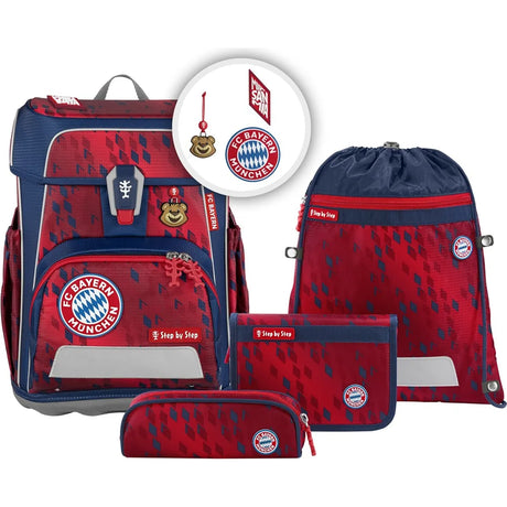 Das Step by Step Cloud Set FC Bayern Mia san Mia ist ein ergonomischer Schulranzen in Rot und Blau mit viel Stauraum, passenden Accessoires und Clublogos.
