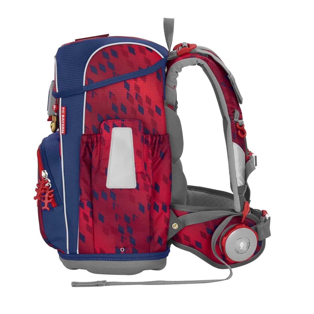 Der Step by Step Cloud Set FC Bayern Mia san Mia ist ein leichter, ergonomischer Schulranzen in Rot-Blau mit reflektierenden Streifen, gepolsterten Schultergurten und viel Stauraum.