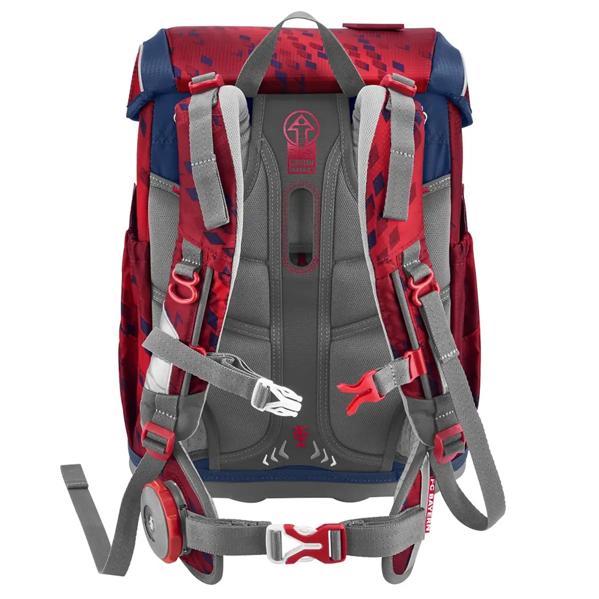 Der Step by Step Cloud Set FC Bayern Mia san Mia von Step by Step ist ein rot-grauer Rucksack mit gepolsterten Trägern, digitalem Camo-Top, mehreren Schnallen und viel Stauraum - ideal als ergonomischer Schulranzen für den täglichen Gebrauch.