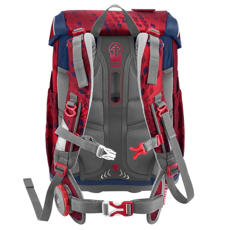 Der Step by Step Cloud Set FC Bayern Mia san Mia von Step by Step ist ein rot-grauer Rucksack mit gepolsterten Trägern, digitalem Camo-Top, mehreren Schnallen und viel Stauraum - ideal als ergonomischer Schulranzen für den täglichen Gebrauch.