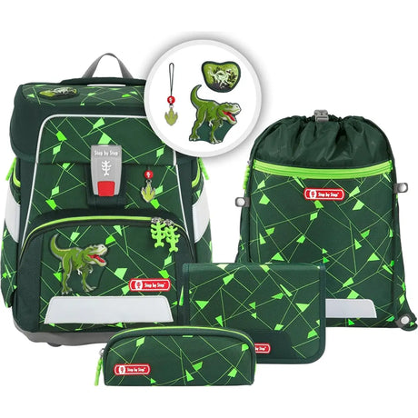 Das Step by Step Space Set Shine Dino Night ist ein fünfteiliges Schulset mit einem grünen, geometrischen Dinosaurier-Motiv, bestehend aus einem ergonomischen Rucksack, einer Kordeltasche, einem Federmäppchen, einer Geldbörse und einem T-Rex-Schlüsselanhänger - alles von Step by Step.