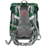 Der Step by Step Space Set Shine Dino Night ist ein grüner und grauer ergonomischer Schulrucksack mit gepolsterten Trägern, verstellbaren Brust- und Taillenschnallen, neongrünen geometrischen Akzenten, ergonomisch gepolsterter Rückenplatte und dem roten Step by Step-Logo.