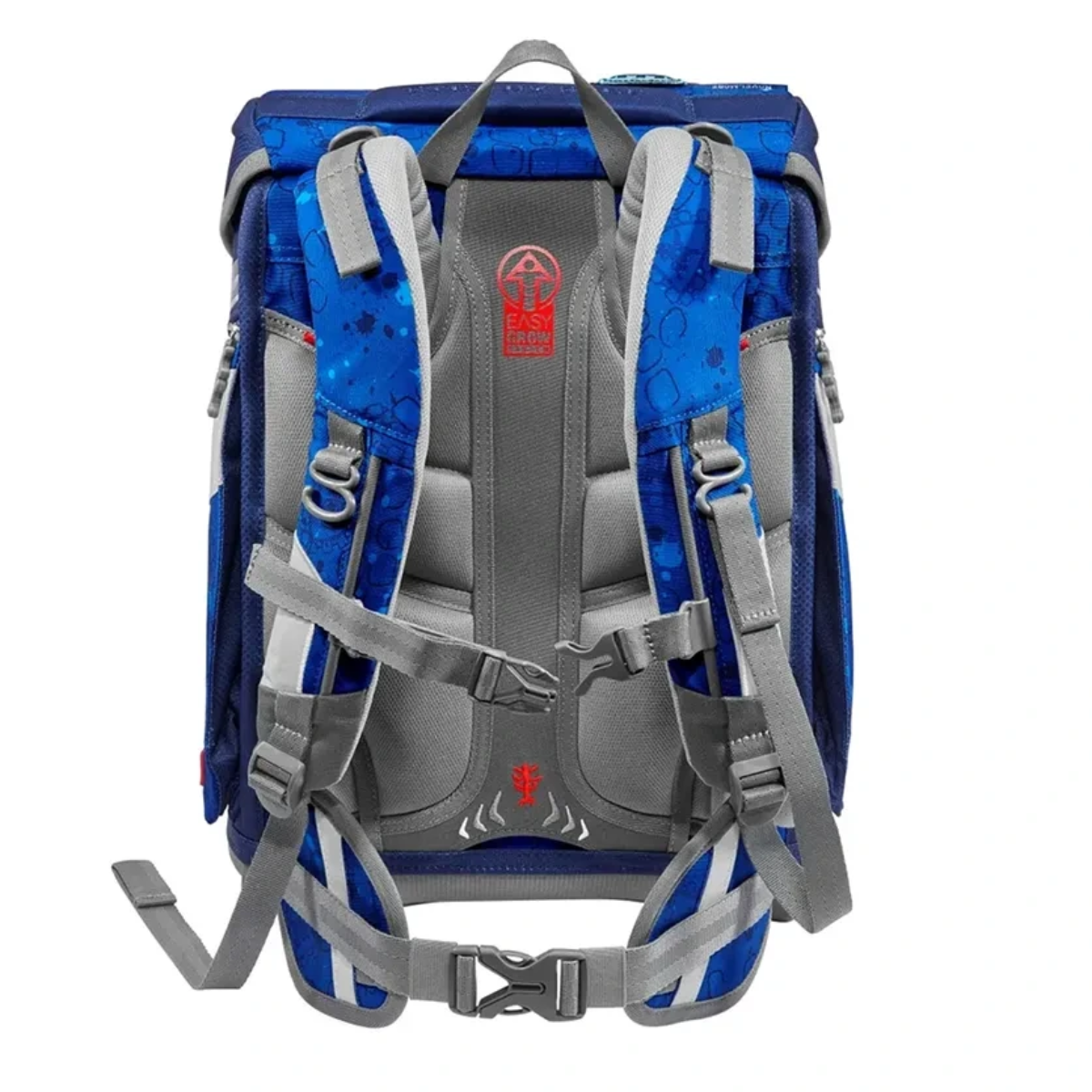 Der Step by Step Space - Limited Edition "Playmobil Novelmore Arwynn" (5-teiliges Set) Rucksack hat ein blaues und graues Design, gepolsterte Schultergurte, einen Brustgurt und eine ergonomische Rückenstütze - ideal für Playmobil Novelmore Fans.