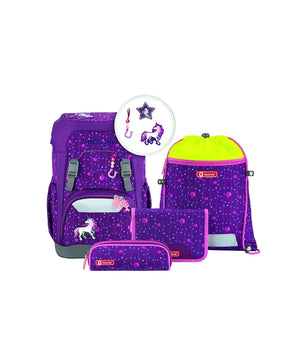 Das Step by Step GIANT Schulranzen-Set "Dreamy Unicorn" (5-teilig) besteht aus einem lilafarbenen Schulrucksack, Federmäppchen, Kordelzugtasche und Zubehör.