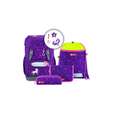 Das Step by Step GIANT Schulranzen-Set "Dreamy Unicorn" (5-teilig) besteht aus einem lilafarbenen Schulrucksack, Federmäppchen, Kordelzugtasche und Zubehör.