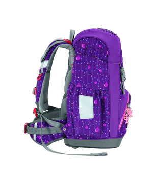 Das Step by Step GIANT Schulranzen-Set "Dreamy Unicorn" ist ein lilafarbener Rucksack mit rosa Punkten und grauen Trägern, hier in der Seitenansicht.