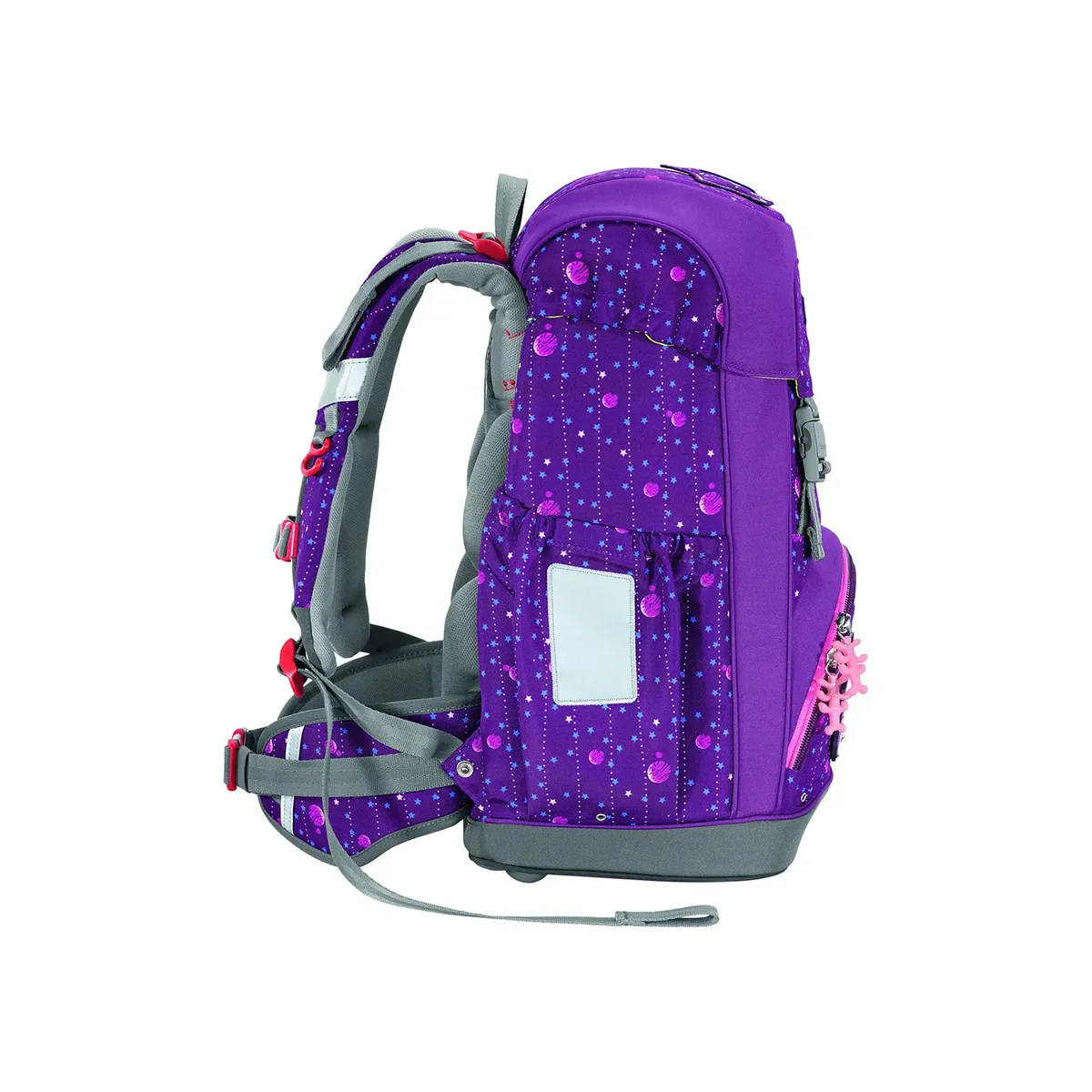 Das Step by Step GIANT Schulranzen-Set "Dreamy Unicorn" ist ein lilafarbener Rucksack mit rosa Punkten und grauen Trägern, hier in der Seitenansicht.