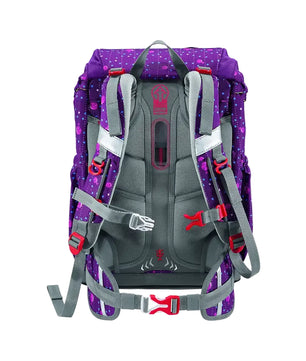 Das Step by Step GIANT Schulranzen-Set "Dreamy Unicorn" (5-tlg.) zeigt einen lila Schulrucksack mit grau gepolsterten Trägern und roten Schnallen, von hinten gesehen - ideal für Einhorn-Fans.
