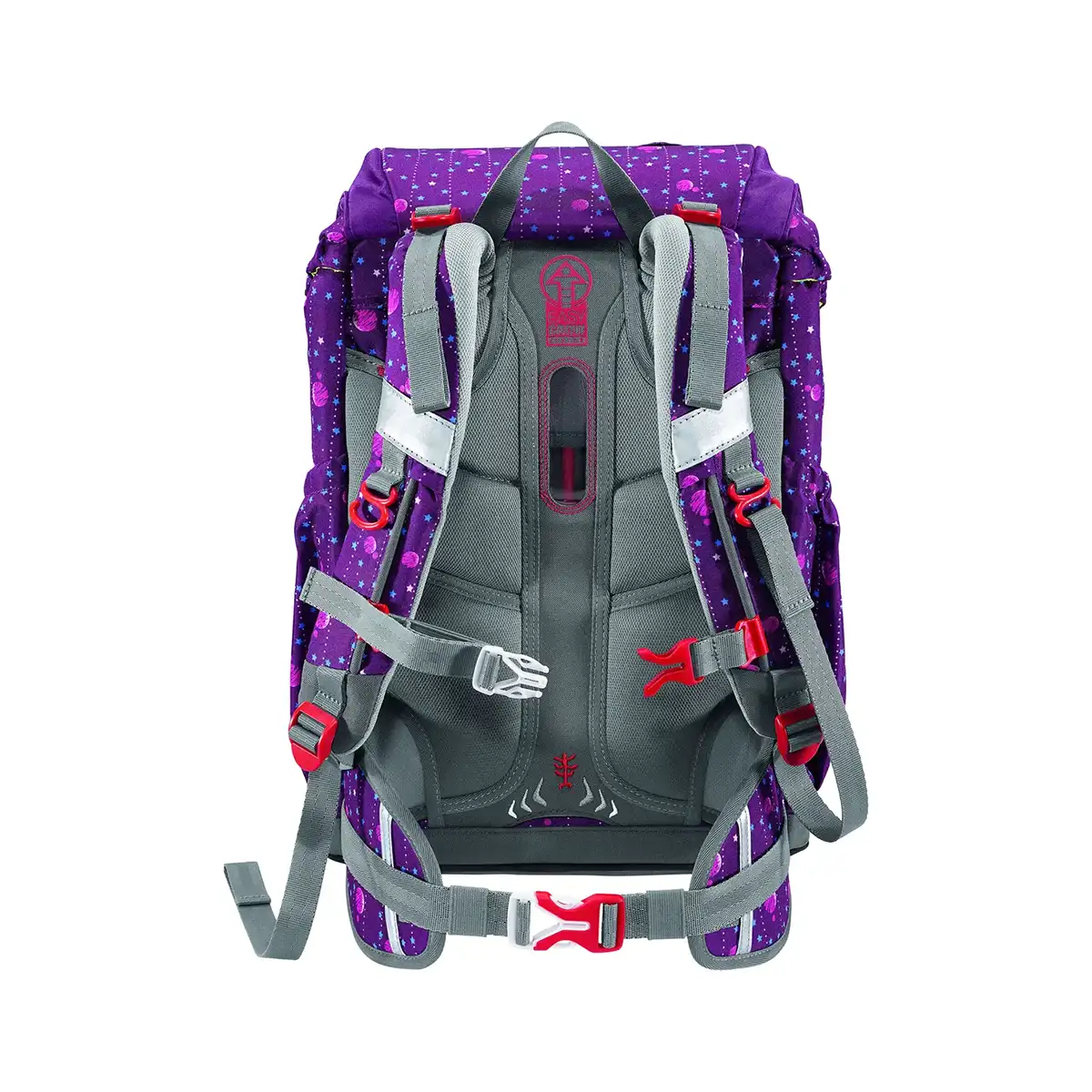 Das Step by Step GIANT Schulranzen-Set "Dreamy Unicorn" (5-tlg.) zeigt einen lila Schulrucksack mit grau gepolsterten Trägern und roten Schnallen, von hinten gesehen - ideal für Einhorn-Fans.