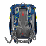 Das Step by Step 2IN1 PLUS Schulranzen-Set "Police Car Cody" (6-teilig) hat ein blau-graues Design mit höhenverstellbaren, gepolsterten Trägern, Rückenstütze und neongrünen Akzenten, hier in der Rückenansicht.