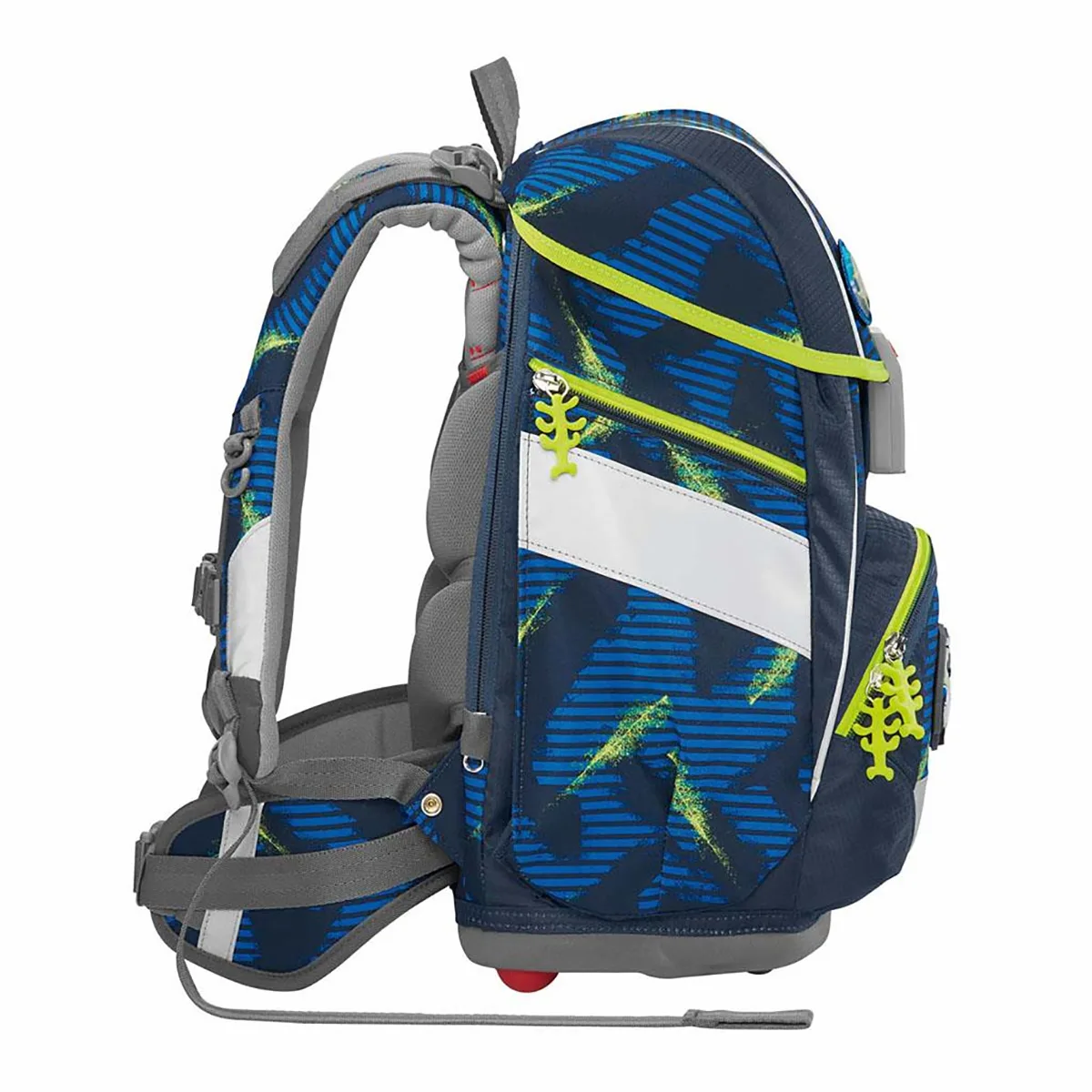 Step by Step 2IN1 PLUS Schulranzen-Set "Police Car Cody", 6-teilig: Blau und grün gemusterter Schulranzen mit grauen, höhenverstellbaren Trägern, Seitenansicht, mit Reißverschlusstaschen und einem gelben Reißverschlusszug. Marke: Step by Step.