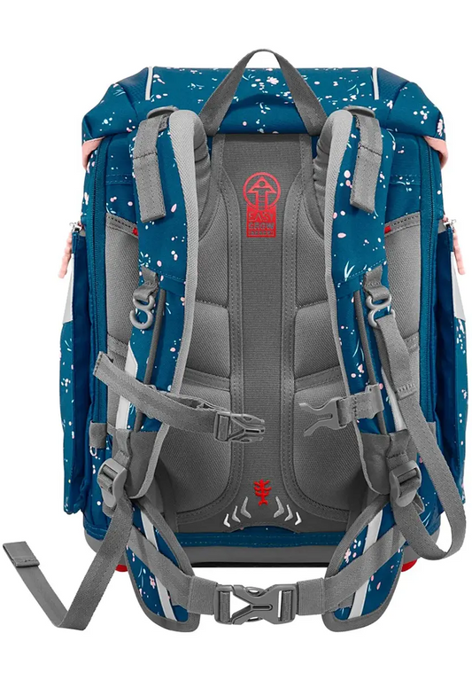 Step by Step 2IN1 PLUS Schulranzen-Set "Wild Horse Ronja" (6-teilig) von Step by Step, in der Rückenansicht mit gepolsterten ergonomischen Trägern und blau-grauem Design mit rosa-weißem Sprenkelmuster.