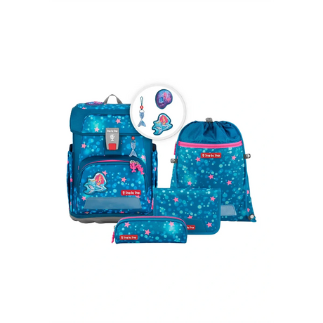 Ergonomisch und mitwachsend: Das Step by Step Cloud Schulranzen-Set "Mermaid Lola" (5-teilig) in Blau mit Stern- und Meerjungfrauenmotiven enthält Taschen, Federmäppchen und Abzeichen.