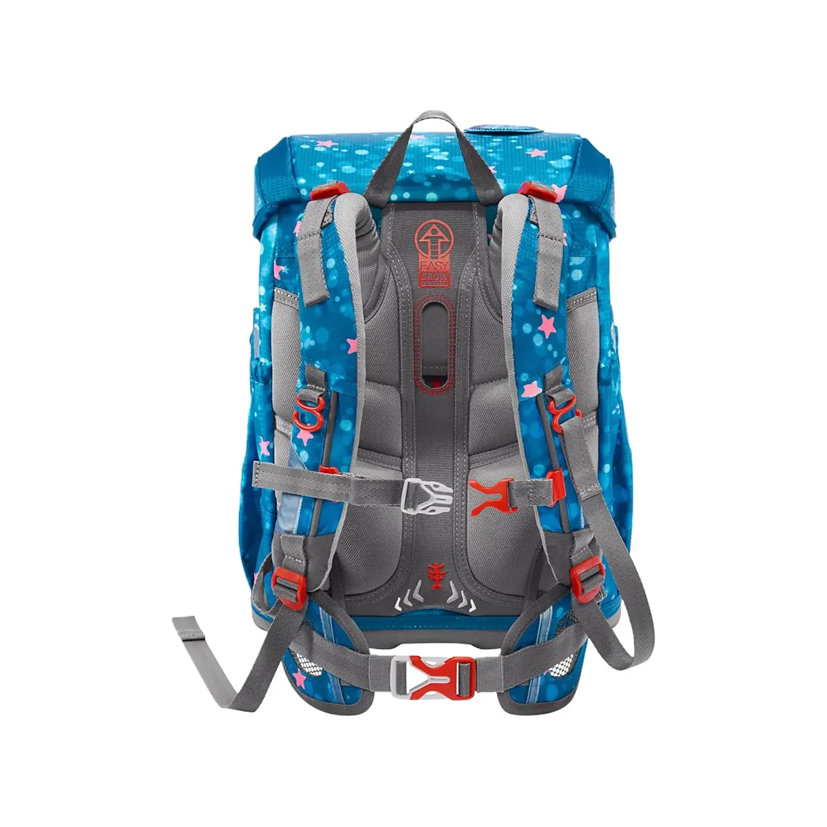 Das Step by Step Cloud Schulranzen-Set "Mermaid Lola" (5-teilig) besteht aus einem ergonomischen blau-grauen Rucksack mit gepolsterten Trägern, roten Schnallen und Sternenmustern.