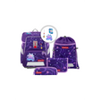 Das Step by Step Space Schulranzen-Set "Pegasus Emily" (5-teilig) zeigt ein lilafarbenes Design mit Einhörnern und Sternen, inklusive ergonomischem Schulranzen, Kordelzugtasche, Federmäppchen und Schlüsselanhängern.