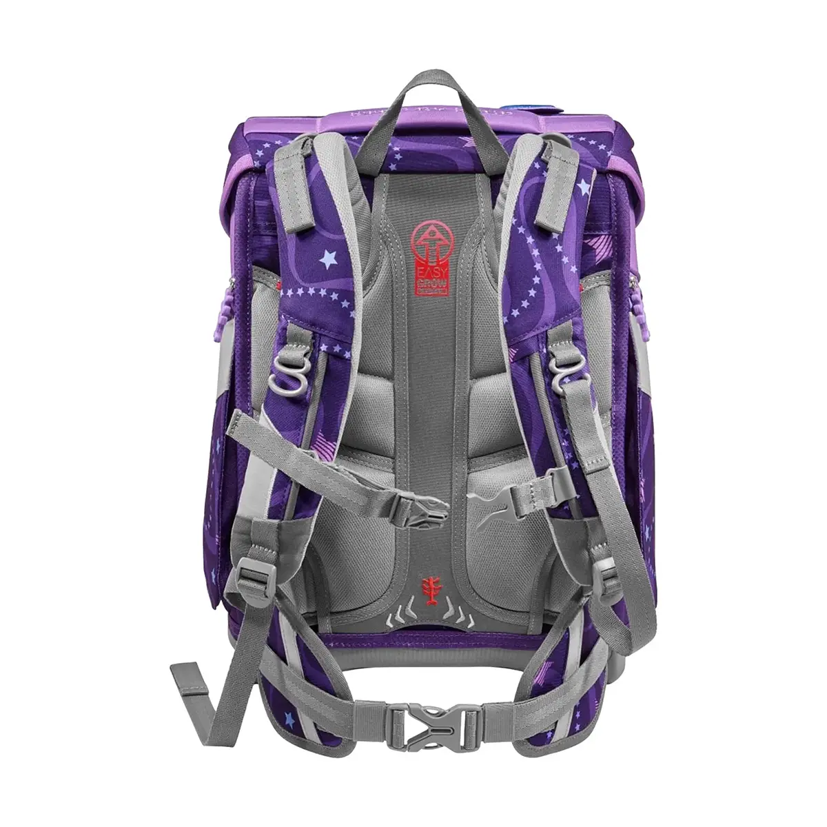 Step by Step Space Schulranzen-Set "Pegasus Emily" (5-teilig) von Step by Step, abgebildet von hinten mit grauen Trägern, Sternenmuster und gepolsterter Schulterstütze.