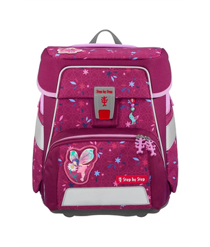 Das Step by Step SPACE Schulranzen-Set "Fairy Freya" (5-teilig) zeichnet sich durch Schmetterlings- und Blumenmotive, ergonomisches Design, Reflexstreifen, eine Vordertasche und die Farben Pink und Lila für Kinder aus.