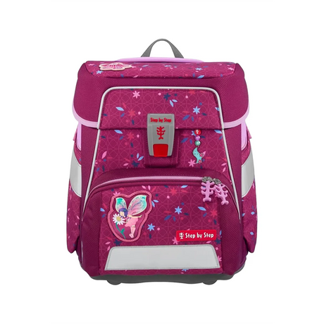 Das Step by Step SPACE Schulranzen-Set "Fairy Freya" (5-teilig) zeichnet sich durch Schmetterlings- und Blumenmotive, ergonomisches Design, Reflexstreifen, eine Vordertasche und die Farben Pink und Lila für Kinder aus.