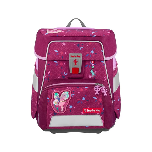 Das Step by Step SPACE Schulranzen-Set "Fairy Freya" (5-teilig) zeichnet sich durch Schmetterlings- und Blumenmotive, ergonomisches Design, Reflexstreifen, eine Vordertasche und die Farben Pink und Lila für Kinder aus.