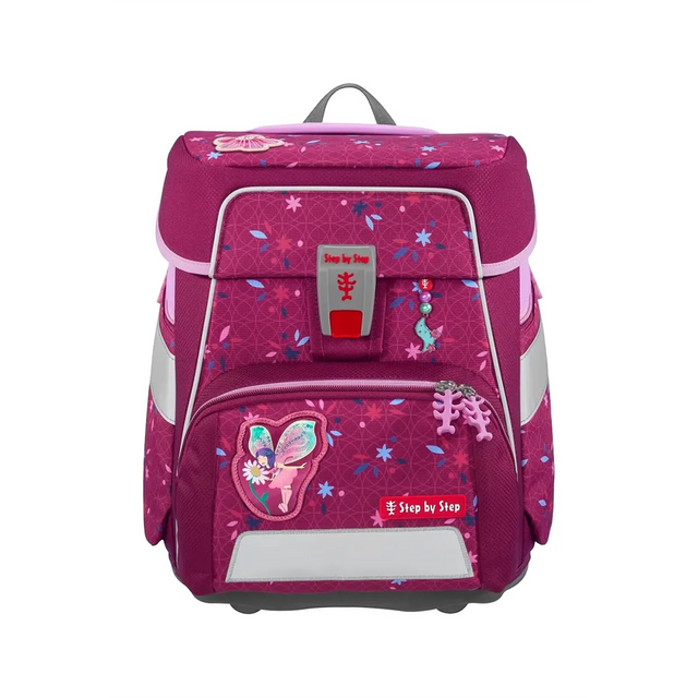 Das Step by Step SPACE Schulranzen-Set "Fairy Freya" (5-teilig) zeichnet sich durch Schmetterlings- und Blumenmotive, ergonomisches Design, Reflexstreifen, eine Vordertasche und die Farben Pink und Lila für Kinder aus.