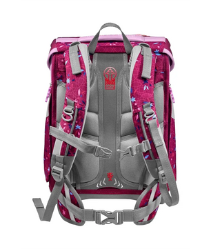 Rückansicht des Step by Step SPACE Schulranzen-Sets "Fairy Freya" (5-teilig) in Pink, Lila und Grau mit ergonomisch gepolsterten Trägern und floralem Muster.