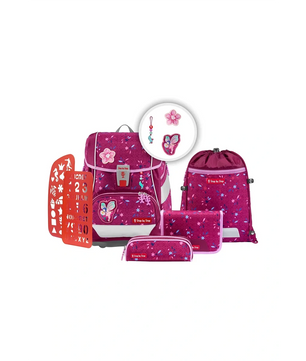 Das Step by Step 2IN1 PLUS Ranzen-Set 6-teilig "Fairy Freya" bietet Schmetterlingsmotive, passende Beutel, Turnbeutel, Schablonen, Deko-Anhänger und eine verstellbare Höhe für bequemes Tragen.