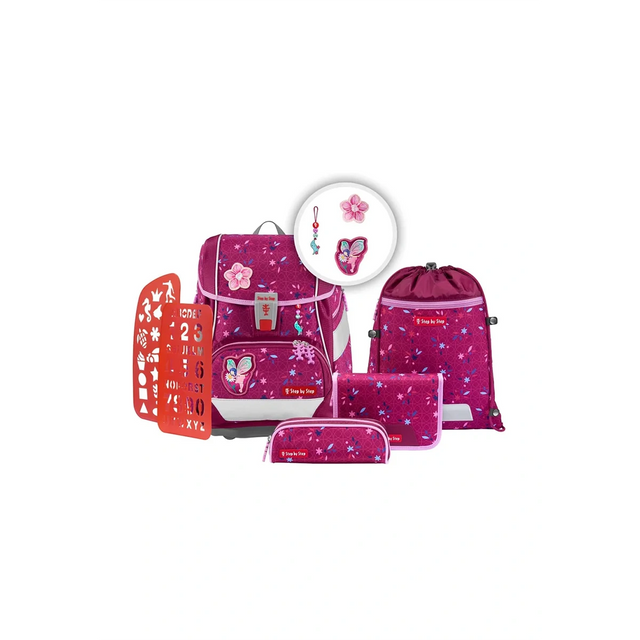 Das Step by Step 2IN1 PLUS Ranzen-Set "Fairy Freya" 6-teilig ist ein rosafarbenes Schulsachen-Set mit Schmetterlingsmotiven, das einen verstellbaren Schulrucksack, ein Federmäppchen, eine Brottasche und eine Schablone enthält.