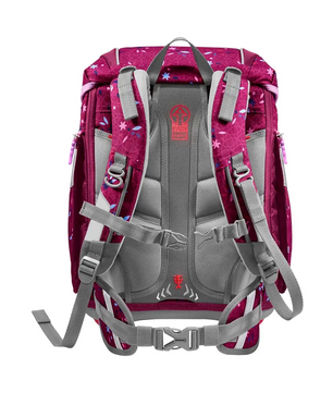 Das Step by Step 2IN1 PLUS Ranzen-Set 6-teilig "Fairy Freya" besteht aus einem rosa-grauen Rucksack mit Sternenmuster, gepolsterten Trägern und mehrfach verstellbaren Schnallen. Sein höhenverstellbares Design sorgt für einen perfekten Sitz für wachsende Kinder.